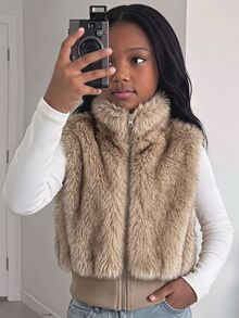 SHEIN Girls' Faux Fur Stand Collar Sleeveless Jacket, Long Sleeve, Fall Clothes, Autumn/Winter New Style, Thick Long Fur Vest School Brown Cute - Khaki - View 1