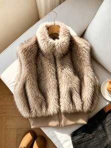 SHEIN Girls' Faux Fur Stand Collar Sleeveless Jacket, Long Sleeve, Fall Clothes, Autumn/Winter New Style, Thick Long Fur Vest School Brown Cute - Khaki - View 3