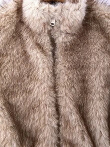 SHEIN Girls' Faux Fur Stand Collar Sleeveless Jacket, Long Sleeve, Fall Clothes, Autumn/Winter New Style, Thick Long Fur Vest School Brown Cute - Khaki - View 4
