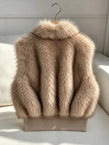 SHEIN Girls' Faux Fur Stand Collar Sleeveless Jacket, Long Sleeve, Fall Clothes, Autumn/Winter New Style, Thick Long Fur Vest School Brown Cute - Khaki - View 2