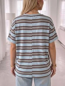 SHEIN CURVE+ 大尺碼 22W 休閒極簡寬鬆條紋圓領女款T恤，適合秋冬穿著 - 彩色 - 查看 4