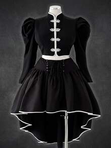 Sunspun Halloween Plus Size Women's Frog Button Design Gigot Sleeve Blouse And High-Low Hem Skirt 2 Pieces Set - Black - View 1