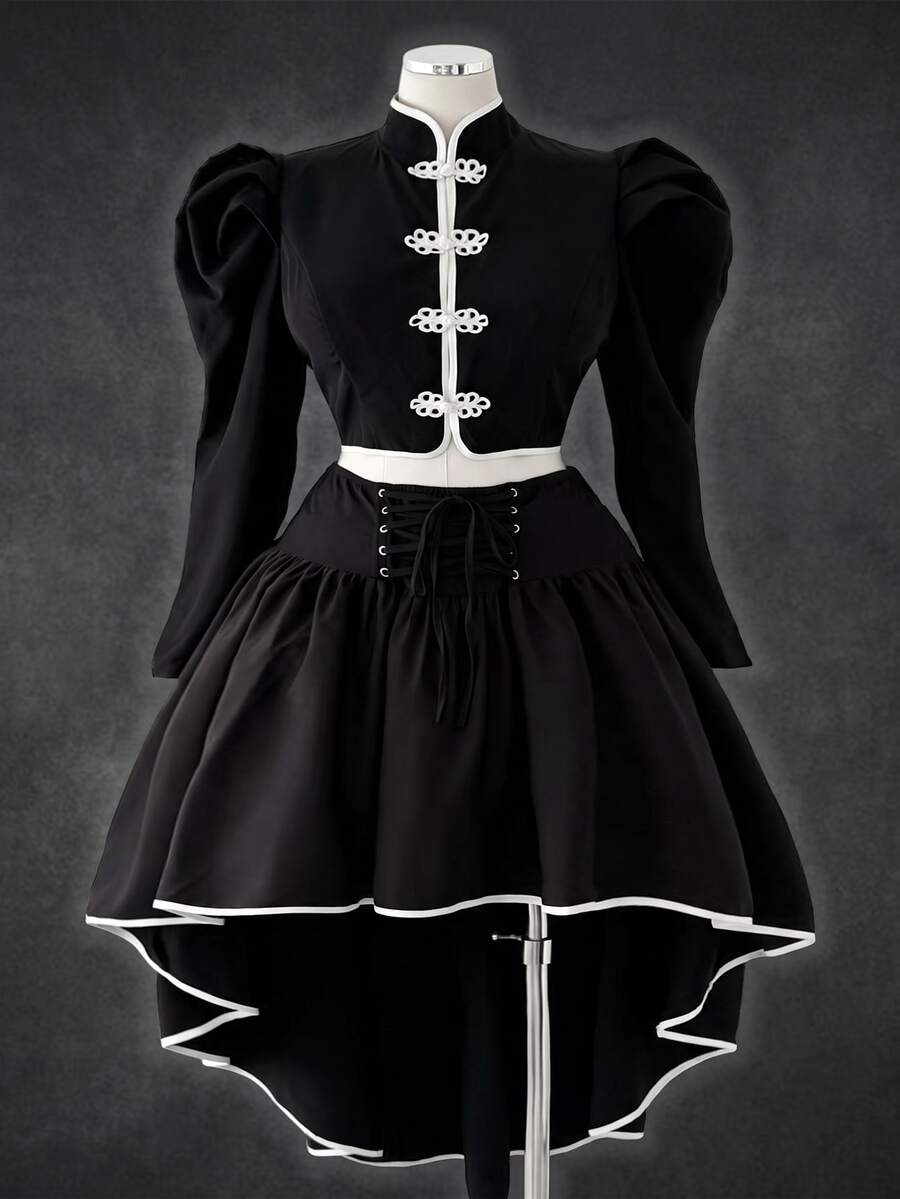 Sunspun Halloween Plus Size Women's Frog Button Design Gigot Sleeve Blouse And High-Low Hem Skirt 2 Pieces Set - Black - View 1