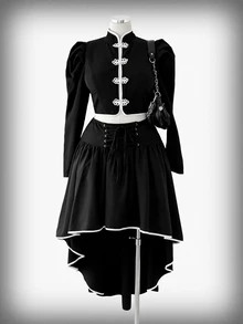 Sunspun Halloween Plus Size Women's Frog Button Design Gigot Sleeve Blouse And High-Low Hem Skirt 2 Pieces Set - Black - View 3