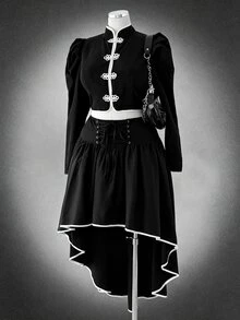 Sunspun Halloween Plus Size Women's Frog Button Design Gigot Sleeve Blouse And High-Low Hem Skirt 2 Pieces Set - Black - View 8
