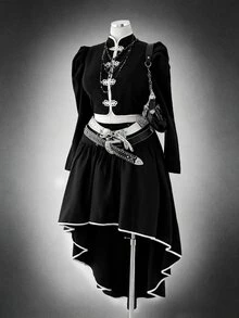 Sunspun Halloween Plus Size Women's Frog Button Design Gigot Sleeve Blouse And High-Low Hem Skirt 2 Pieces Set - Black - View 5