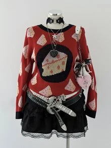 Sunspun Sweater Rajut Wanita Ukuran Plus Motif Keju Jacquard Warna Blok Vintage Lucu dengan Leher Bulat yang Mengencangkan Pinggang, Cocok untuk Musim Semi/Panas/Gugur, Kasual Retro Serbaguna/Cocok untuk Kencan/Liburan, Desain Rajutan Motif Keju untuk Lapisan Dalam/Luar - Merah - View 8