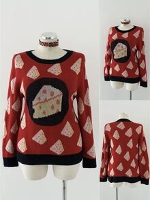 Sunspun Sweater Rajut Wanita Ukuran Plus Motif Keju Jacquard Warna Blok Vintage Lucu dengan Leher Bulat yang Mengencangkan Pinggang, Cocok untuk Musim Semi/Panas/Gugur, Kasual Retro Serbaguna/Cocok untuk Kencan/Liburan, Desain Rajutan Motif Keju untuk Lapisan Dalam/Luar - Merah - View 2