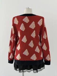 Sunspun Sweater Rajut Wanita Ukuran Plus Motif Keju Jacquard Warna Blok Vintage Lucu dengan Leher Bulat yang Mengencangkan Pinggang, Cocok untuk Musim Semi/Panas/Gugur, Kasual Retro Serbaguna/Cocok untuk Kencan/Liburan, Desain Rajutan Motif Keju untuk Lapisan Dalam/Luar - Merah - View 9