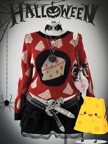Sunspun Sweater Rajut Wanita Ukuran Plus Motif Keju Jacquard Warna Blok Vintage Lucu dengan Leher Bulat yang Mengencangkan Pinggang, Cocok untuk Musim Semi/Panas/Gugur, Kasual Retro Serbaguna/Cocok untuk Kencan/Liburan, Desain Rajutan Motif Keju untuk Lapisan Dalam/Luar - Merah - View 1