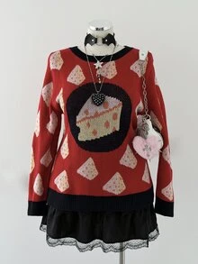 Sunspun Sweater Rajut Wanita Ukuran Plus Motif Keju Jacquard Warna Blok Vintage Lucu dengan Leher Bulat yang Mengencangkan Pinggang, Cocok untuk Musim Semi/Panas/Gugur, Kasual Retro Serbaguna/Cocok untuk Kencan/Liburan, Desain Rajutan Motif Keju untuk Lapisan Dalam/Luar - Merah - View 5