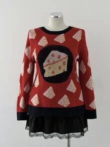 Sunspun Sweater Rajut Wanita Ukuran Plus Motif Keju Jacquard Warna Blok Vintage Lucu dengan Leher Bulat yang Mengencangkan Pinggang, Cocok untuk Musim Semi/Panas/Gugur, Kasual Retro Serbaguna/Cocok untuk Kencan/Liburan, Desain Rajutan Motif Keju untuk Lapisan Dalam/Luar - Merah - View 6