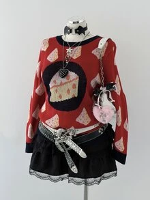 Sunspun Sweater Rajut Wanita Ukuran Plus Motif Keju Jacquard Warna Blok Vintage Lucu dengan Leher Bulat yang Mengencangkan Pinggang, Cocok untuk Musim Semi/Panas/Gugur, Kasual Retro Serbaguna/Cocok untuk Kencan/Liburan, Desain Rajutan Motif Keju untuk Lapisan Dalam/Luar - Merah - View 3