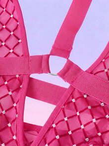 FeverCity Men's Rhinestone Mesh Backless Halter Jumpsuit - Hot Pink - View 8