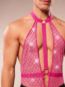 FeverCity Men's Rhinestone Mesh Backless Halter Jumpsuit - Hot Pink - View 7