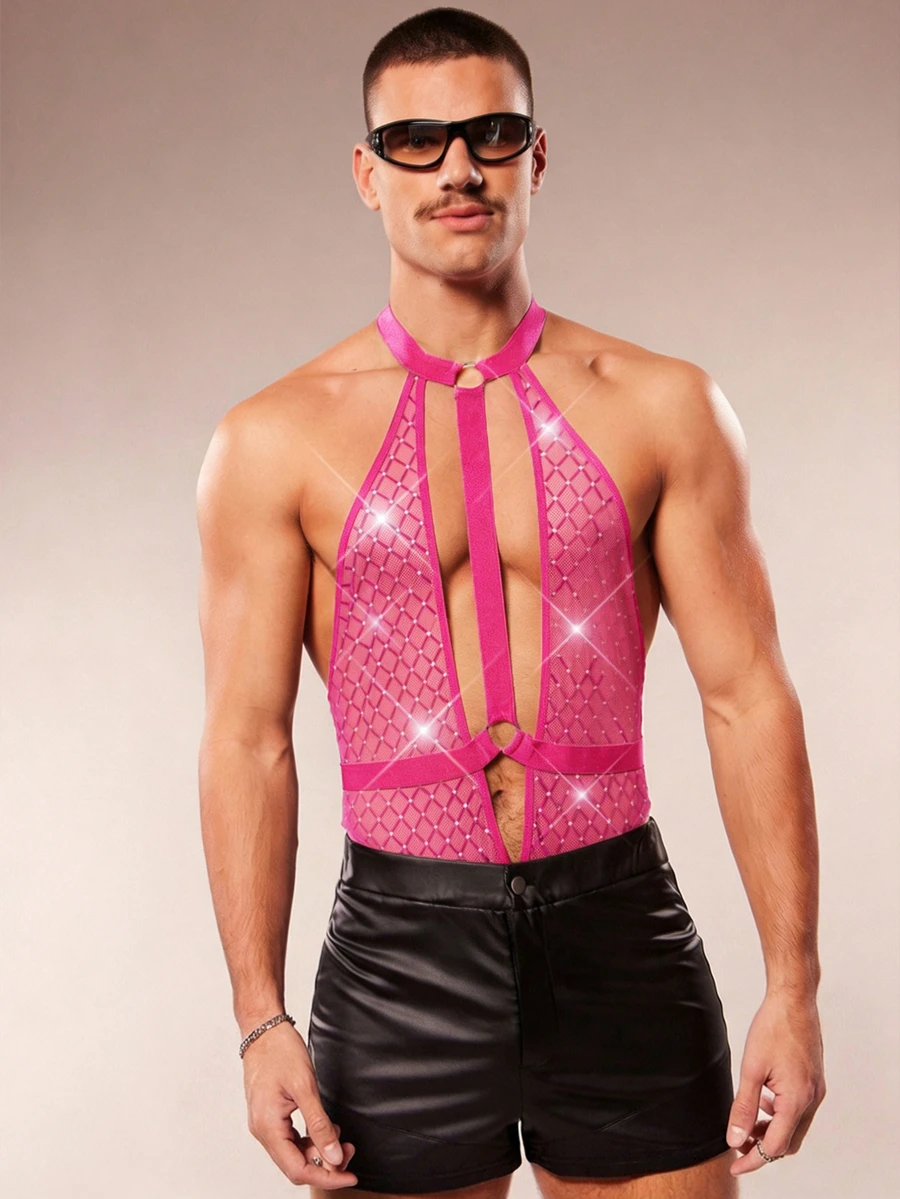FeverCity Men's Rhinestone Mesh Backless Halter Jumpsuit - Hot Pink - View 1