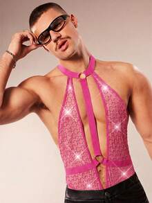 FeverCity Men's Rhinestone Mesh Backless Halter Jumpsuit - Hot Pink - View 5