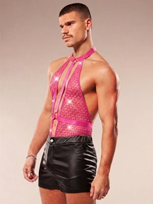 FeverCity Men's Rhinestone Mesh Backless Halter Jumpsuit - Hot Pink - View 6