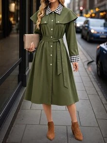 SHEIN Vintage Army Green Plaid Patchwork Cape Trench Coat, Lapel Contrast Color Sleeve Waist-Cinching Utility Jacket - Army Green - View 7