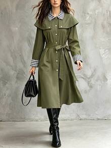 SHEIN Vintage Army Green Plaid Patchwork Cape Trench Coat, Lapel Contrast Color Sleeve Waist-Cinching Utility Jacket - Army Green - View 3