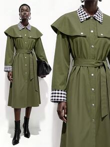 SHEIN Vintage Army Green Plaid Patchwork Cape Trench Coat, Lapel Contrast Color Sleeve Waist-Cinching Utility Jacket - Army Green - View 2