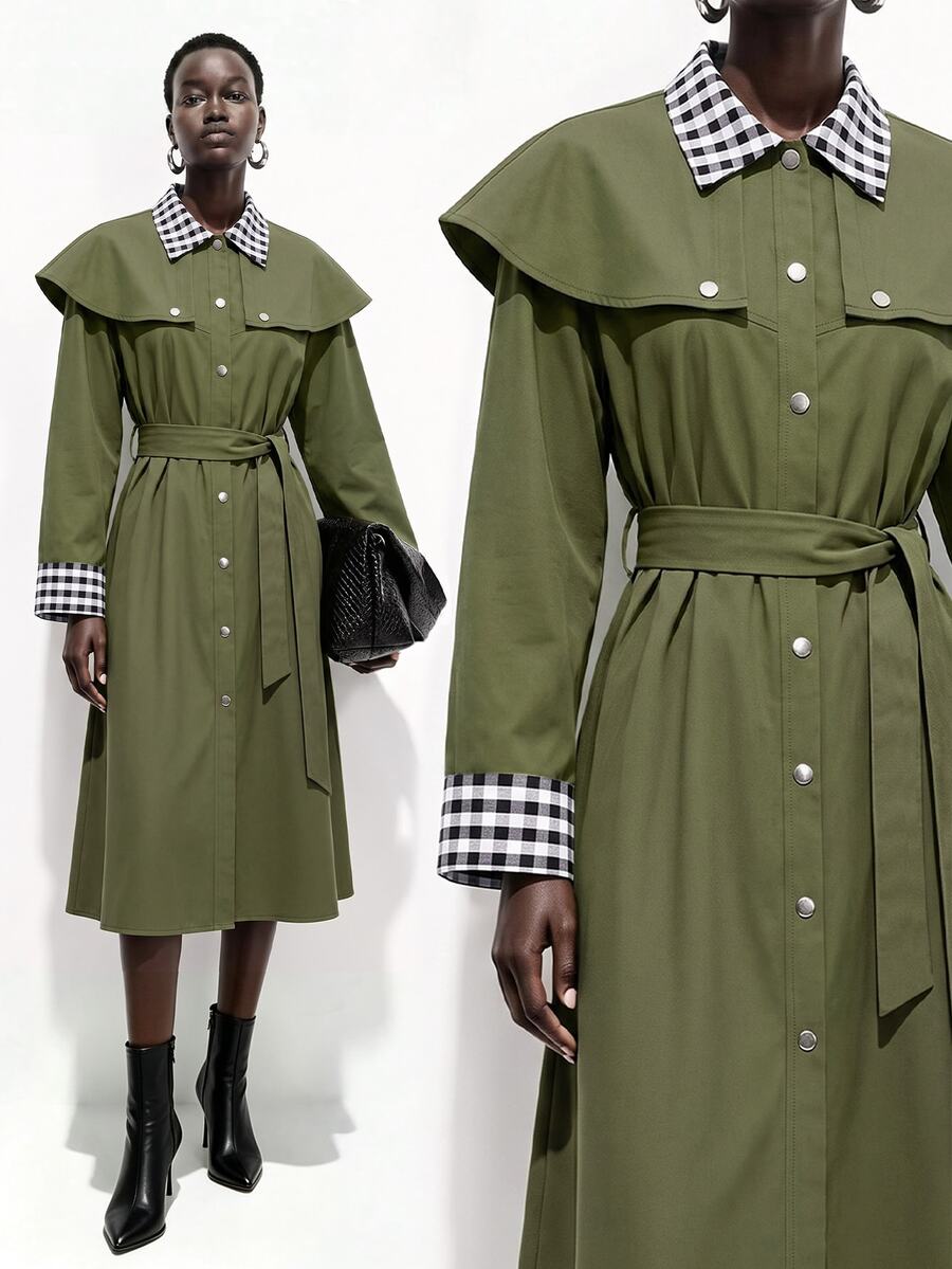 SHEIN Vintage Army Green Plaid Patchwork Cape Trench Coat, Lapel Contrast Color Sleeve Waist-Cinching Utility Jacket