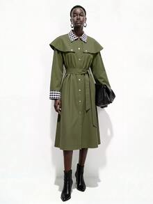 SHEIN Vintage Army Green Plaid Patchwork Cape Trench Coat, Lapel Contrast Color Sleeve Waist-Cinching Utility Jacket - Army Green - View 5