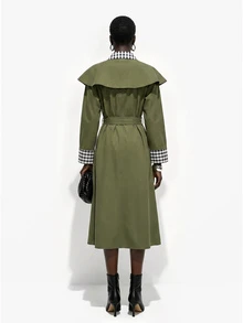 SHEIN Vintage Army Green Plaid Patchwork Cape Trench Coat, Lapel Contrast Color Sleeve Waist-Cinching Utility Jacket - Army Green - View 4