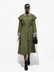 SHEIN Vintage Army Green Plaid Patchwork Cape Trench Coat, Lapel Contrast Color Sleeve Waist-Cinching Utility Jacket - Army Green - View 6