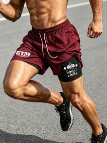 Gym Rark شورتات رياضية رجالي مطبوعة ذات خصر سحاب مزدوج الطبقة - عنابي اللون - مشاهدة 4