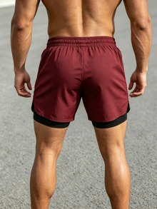 Gym Rark شورتات رياضية رجالي مطبوعة ذات خصر سحاب مزدوج الطبقة - عنابي اللون - مشاهدة 2