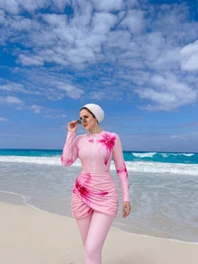 SHEIN Swim 春假海灘女款套裝，多色漸層保守全身三件式泳衣套裝，中東風格泳裝 - 粉色 - 查看 3