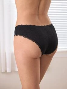 Ocili 5件組純棉針織提花舒適女款對比色蕾絲蝴蝶結裝飾三角內褲 - 黑色 - 查看 3