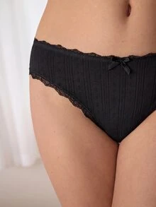 Ocili 5件組純棉針織提花舒適女款對比色蕾絲蝴蝶結裝飾三角內褲 - 黑色 - 查看 7