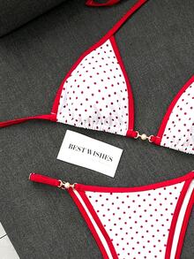 SHEIN Swim 女款兩件式比基尼泳衣套裝，夏季海灘派對，紅白波點，可調節三角式，度假熱帶性感風 - 紅白色 - 查看 4