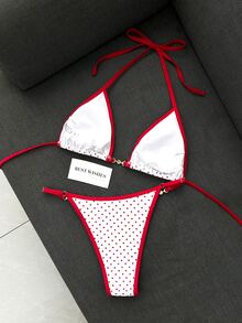 SHEIN Swim 女款兩件式比基尼泳衣套裝，夏季海灘派對，紅白波點，可調節三角式，度假熱帶性感風 - 紅白色 - 查看 2