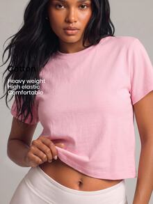 YARNWELL Women's Summer Casual T-Shirt, Simple Light Blue Basic Round Neck Short Sleeve T-Shirt, Loose Fit Flattering Versatile Solid Color Casual Base Layer Top, Spring/Summer Round Neck Short T-Shirt, Comfortable Versatile Inner/Outer Wear Basic Solid Color Short Sleeve Top - Pink - View 3