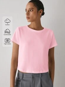 YARNWELL Women's Summer Casual T-Shirt, Simple Light Blue Basic Round Neck Short Sleeve T-Shirt, Loose Fit Flattering Versatile Solid Color Casual Base Layer Top, Spring/Summer Round Neck Short T-Shirt, Comfortable Versatile Inner/Outer Wear Basic Solid Color Short Sleeve Top - Pink - View 10