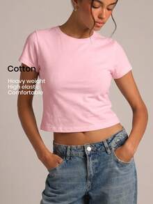 YARNWELL Women's Summer Casual T-Shirt, Simple Light Blue Basic Round Neck Short Sleeve T-Shirt, Loose Fit Flattering Versatile Solid Color Casual Base Layer Top, Spring/Summer Round Neck Short T-Shirt, Comfortable Versatile Inner/Outer Wear Basic Solid Color Short Sleeve Top - Pink - View 2