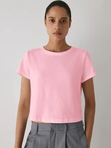 YARNWELL Women's Summer Casual T-Shirt, Simple Light Blue Basic Round Neck Short Sleeve T-Shirt, Loose Fit Flattering Versatile Solid Color Casual Base Layer Top, Spring/Summer Round Neck Short T-Shirt, Comfortable Versatile Inner/Outer Wear Basic Solid Color Short Sleeve Top - Pink - View 7
