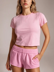 YARNWELL Women's Summer Casual T-Shirt, Simple Light Blue Basic Round Neck Short Sleeve T-Shirt, Loose Fit Flattering Versatile Solid Color Casual Base Layer Top, Spring/Summer Round Neck Short T-Shirt, Comfortable Versatile Inner/Outer Wear Basic Solid Color Short Sleeve Top - Pink - View 1