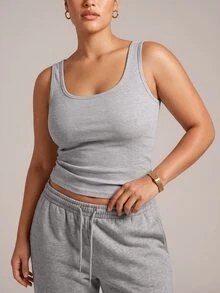 YARNWELL Women's Sexy Sporty Sleeveless U-Neck Fitted Tank Top, Side-Boob Coverage, Spring/Summer New Style, Layering Base Top - Grey - View 2