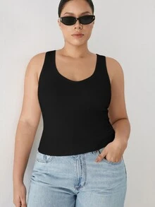 YARNWELL 大尺碼女款性感運動風無袖U領修身背心，側乳遮蓋設計，春夏新款內搭打底上衣 - 黑色 - 查看 3