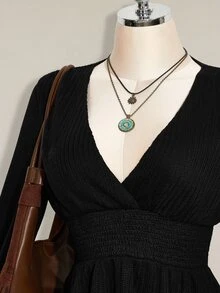 SHEIN ICON 女士纯色褶皱喇叭袖收腰性感时尚迷你连衣裙 - 黑色 - 查看 7