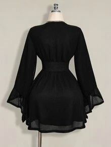 SHEIN ICON 女士纯色褶皱喇叭袖收腰性感时尚迷你连衣裙 - 黑色 - 查看 2