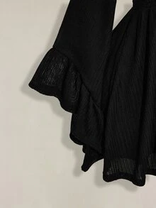 SHEIN ICON 女士纯色褶皱喇叭袖收腰性感时尚迷你连衣裙 - 黑色 - 查看 5