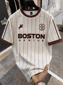 Manfinity Hypemode Men's Vintage Beige ""Boston Genius"" Print Striped Short Sleeve Tee,Summer Casual Foot Ball Jersey,Back-To-School Graduation Gift For Young Adults - Multicolor - View 7