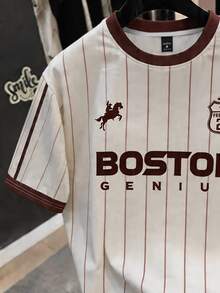 Manfinity Hypemode Men's Vintage Beige ""Boston Genius"" Print Striped Short Sleeve Tee,Summer Casual Foot Ball Jersey,Back-To-School Graduation Gift For Young Adults - Multicolor - View 4