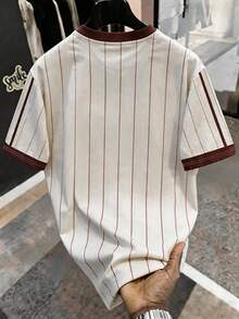 Manfinity Hypemode Men's Vintage Beige ""Boston Genius"" Print Striped Short Sleeve Tee,Summer Casual Foot Ball Jersey,Back-To-School Graduation Gift For Young Adults - Multicolor - View 3