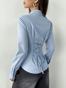SHEIN PETITE 1件女款純色鈕扣前襟長袖休閒襯衫 - 淺藍色 - 查看 8